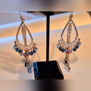Chandelier Silver and Blue Teardrop Earrings with Cascading Chains